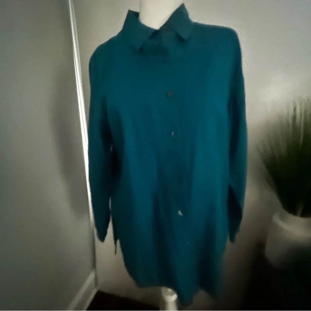 Chico's Vibrant Teal Blouse 100% Linen Size 2 - Picture 2 of 8